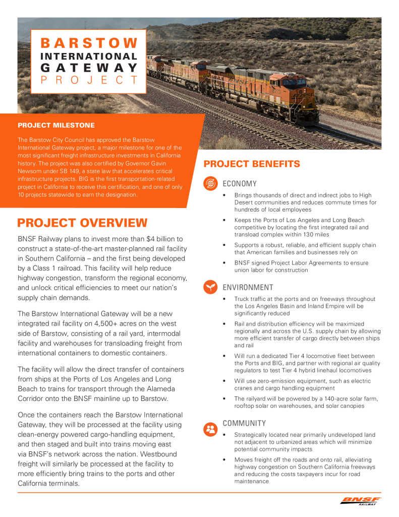 Barstow International Gateway Fact Sheet 2026